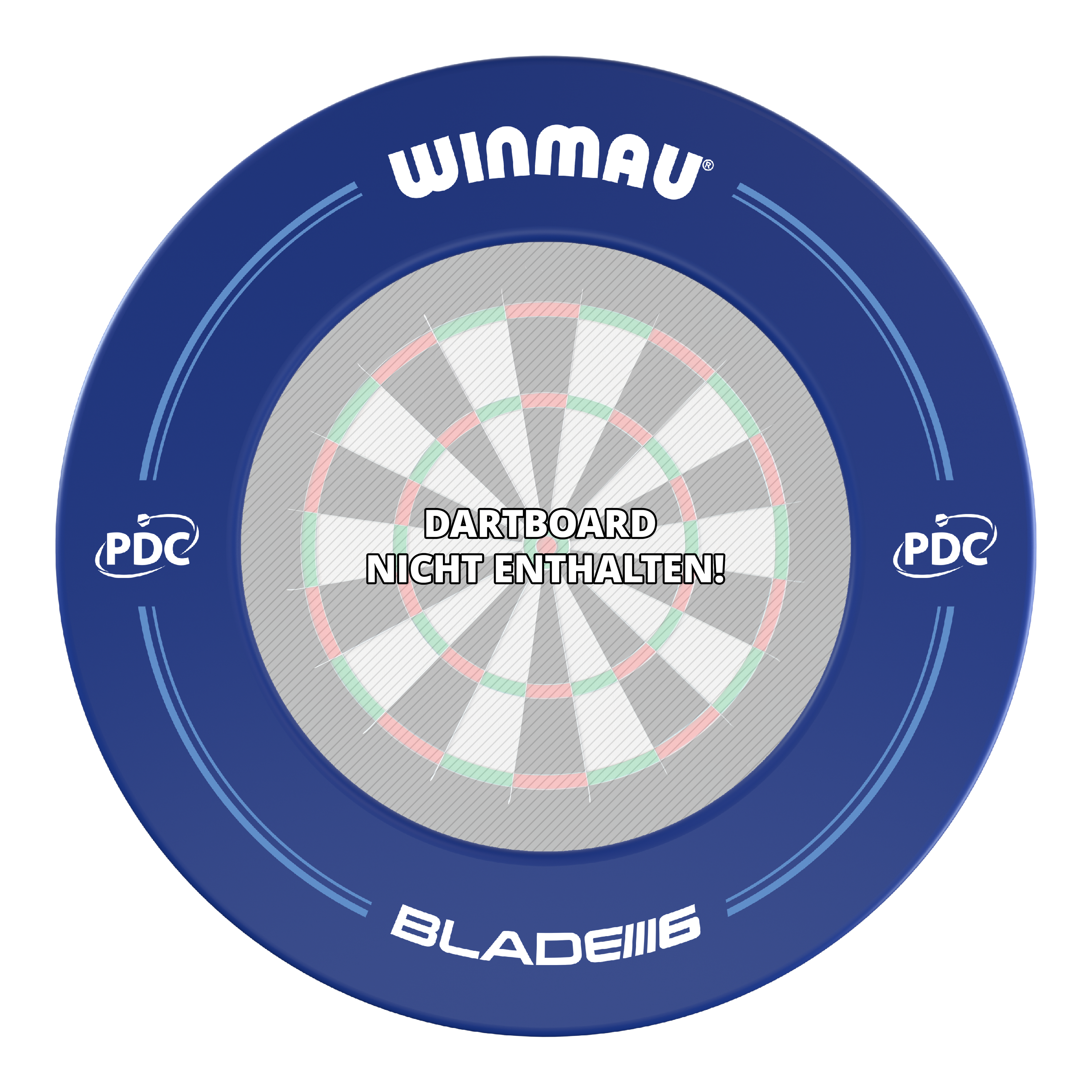 Das Bild zeigt einen blauen Winmau PDC Dartboard Surround. In der Mitte steht der Hinweis "Dartboard nicht enthalten!".